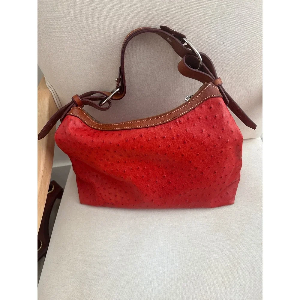 Vintage Dooney & Bourke Red Ostrich Embossed Leather Hobo Shoulder Bag Silver